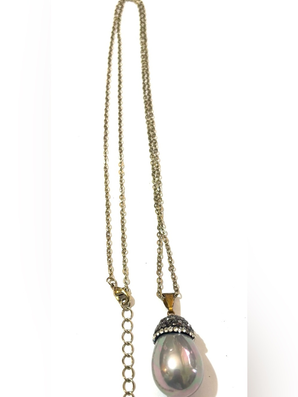 Gold-Tone Pearl Teardrop Necklace with Crystal Cap